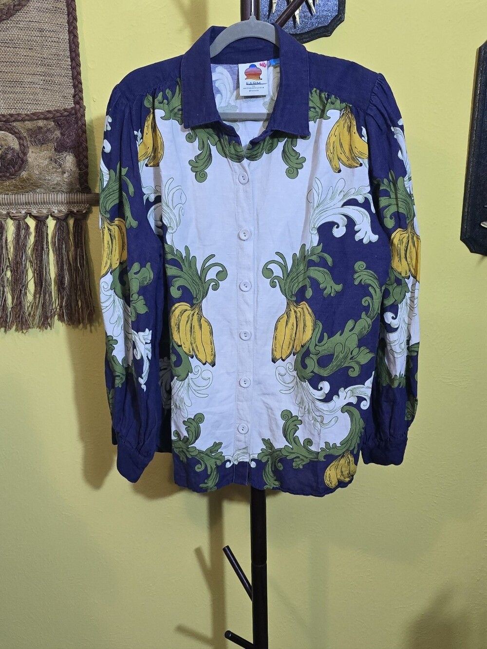 FARM Rio Navy, White & Yellow Banana-Print Button Front Top Sz XL